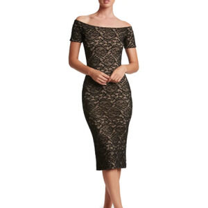 Dress the Population Black Nude Lace Bodycon Midi Length Cocktail Dress Size M